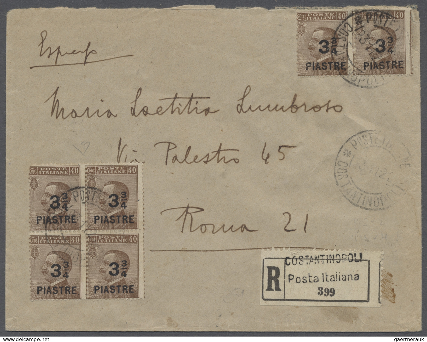 Italian PO In Turkey: 1922, 6 Werte Der Freimarke 3 3/4 Piastre (ein Viererblock - Emisiones Generales