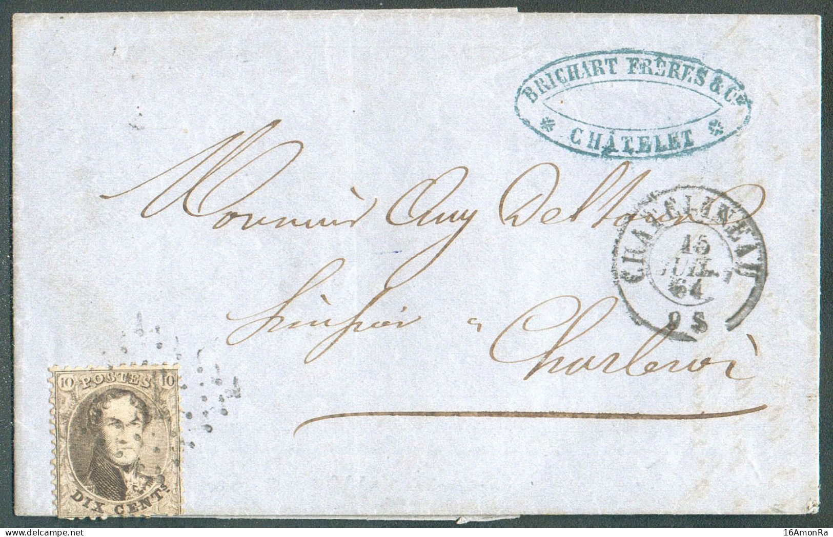 N°14B - Médaillon 10 Centimes Brun Obl. LP.78 Sur Lettre De CHATELINEAU Le 15 Juillet 1864 Vers Charleroi - Banquier  BR - 1863-1864 Médaillons (13/16)