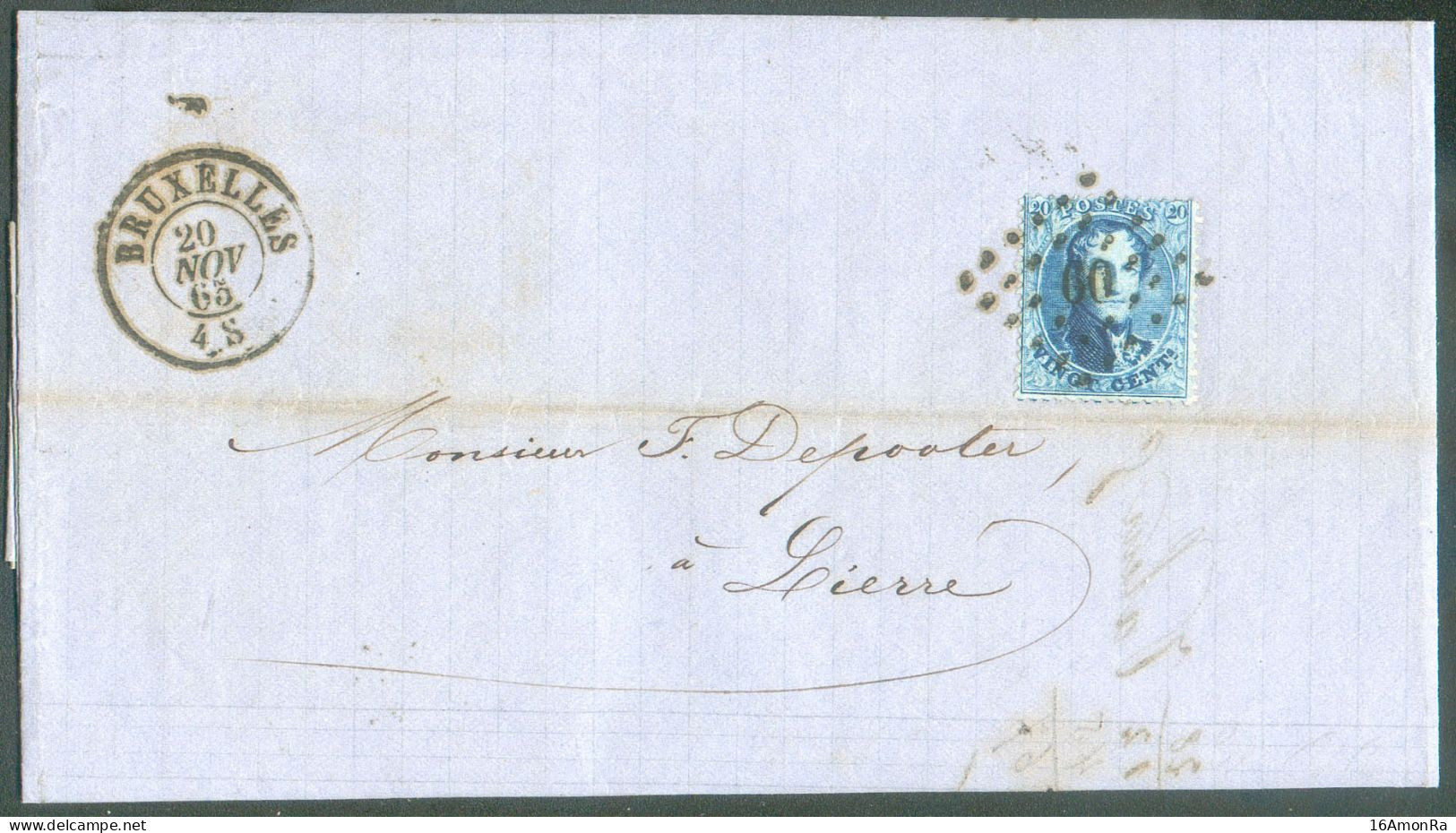 N°15B - Médaillon 20 Centimes Bleu Obl. LP.60 Sur Lettre De BRUXELLES Le 20 Novembre 1865 Vers Lierre- Banque De BELGIQU - 1863-1864 Medallions (13/16)