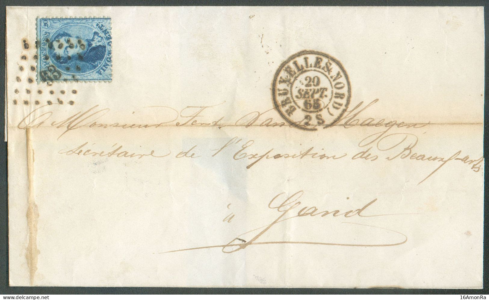 N°15B - Médaillon 20 Centimes Bleu Obl. LP.63 Sur Lettre De BRUXELLES (NORD) Le 20 Septembre 1865 Vers Gand -  21068 - 1863-1864 Medallions (13/16)