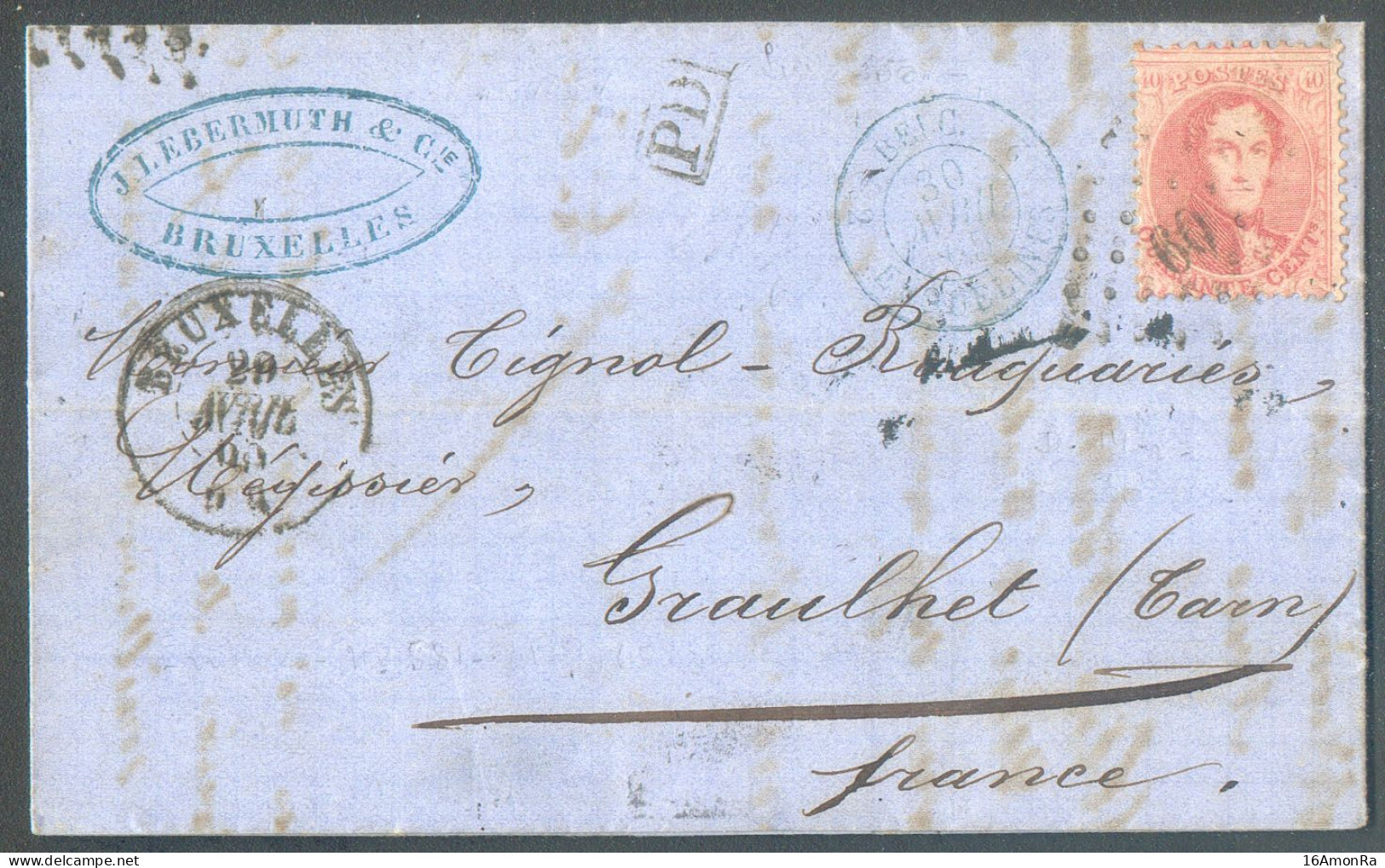 N°15B - Médaillon 20 Centimes Bleu Obl. LP.63 Sur Lettre De BRUXELLES (NORD) Le 20 Septembre 1865 Vers Gand -  21068 - 1863-1864 Medallions (13/16)