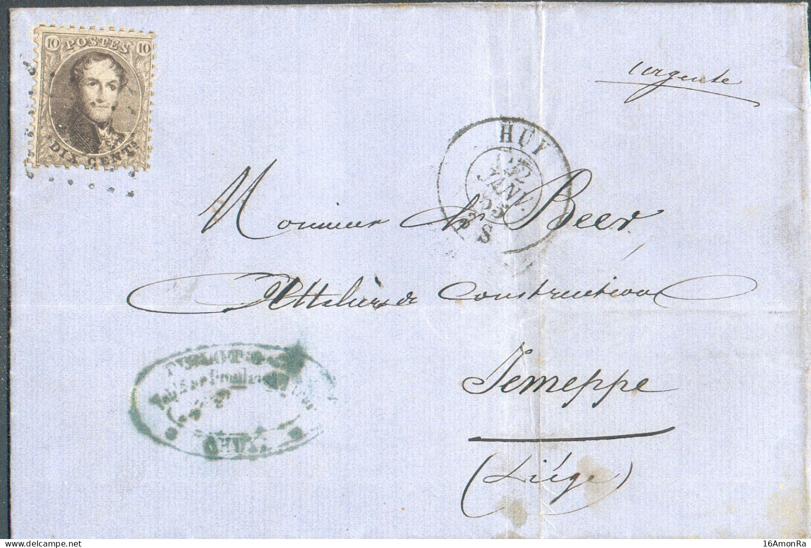 N°14A - Médaillon 10 Centimes Brun Obl. LP.186 Sur Lettre De HUY Le 22 Janvier 1865 Vers Jemeppe -  21070 - 1863-1864 Medallones (13/16)