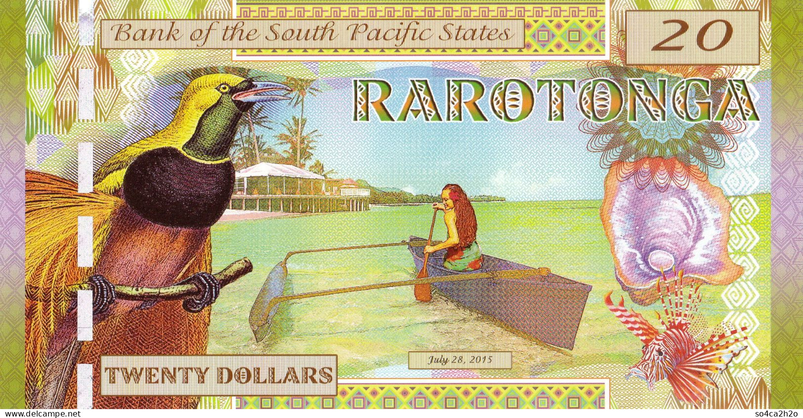 Très Joli Billet SOUTH PACIFIC  RAROTONGA  20 Dollars   28 Juillet  2015 UNC  POLYMER  Emission Privée - Fiktive & Specimen