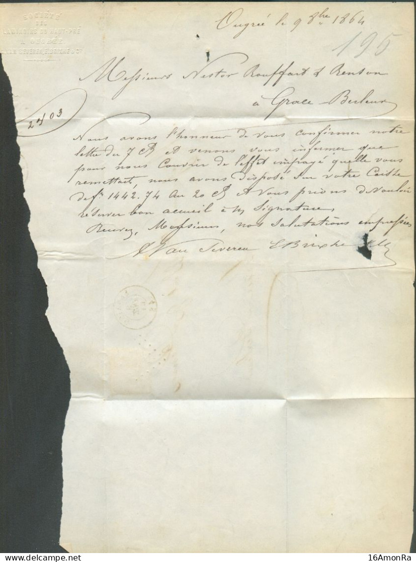 N°14A - Médaillon 10 Centimes Brun Obl. LP.332 Sur Lettre De SERAING Le 9 Octobre 1864 Vers Grâce-Berleur -  21076 - 1863-1864 Medallions (13/16)