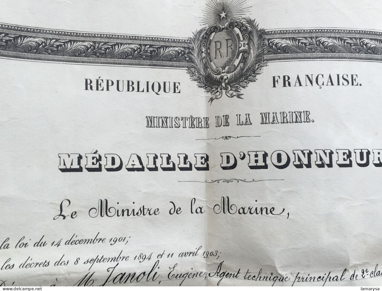 Paris 1923-Médaille D'Honneur Marine:décernée J. Agent Technique Ppl 2é Classe à La Direction-Construction-navale Toulon - Documents