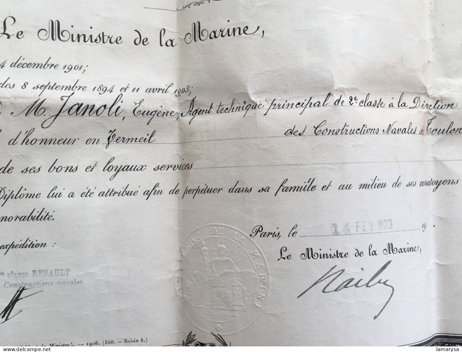 Paris 1923-Médaille d'Honneur Marine:décernée J. agent technique Ppl 2é classe à la direction-Construction-navale Toulon