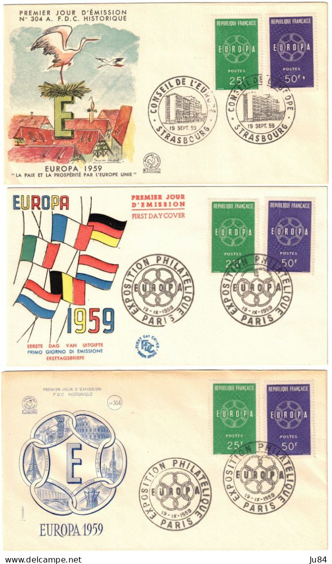 Paris - Strasbourg - 3 FDC - Europa 1959 - 19 Septembre 1959 - 1950-1959