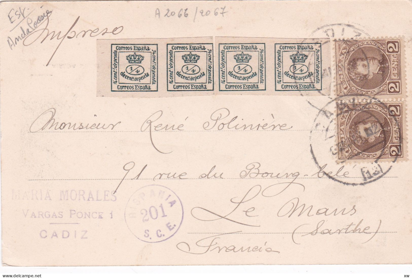 2 Paires De 2 X 1/4 Cent De Peseta + 1 Paire De 2 Cent 1902 + Marque RISPANIA S. C. E. 201 Sur Carte Postale - Usados