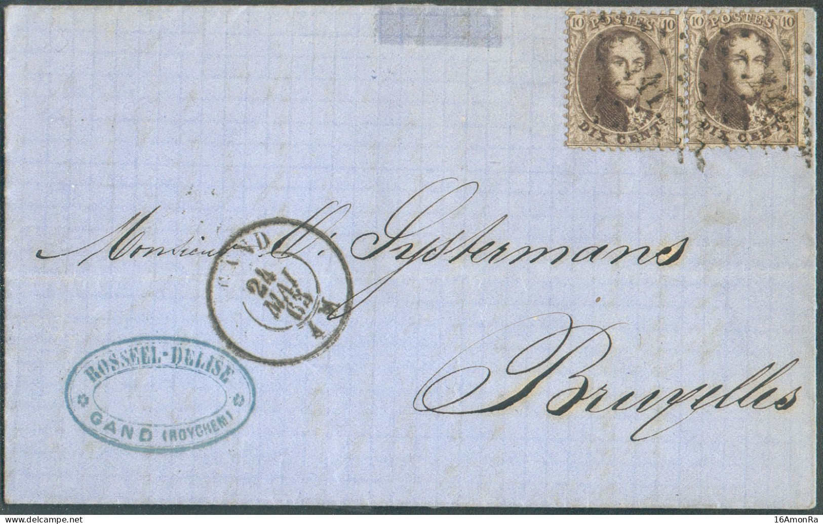 N°14B(2) - Médaillon 10 Centimes Bruns (x2), Obl. LP.141 Sur Lettre De GAND  Le 21 Mai 1864 Vers Bruxelles-  21092 - 1863-1864 Médaillons (13/16)