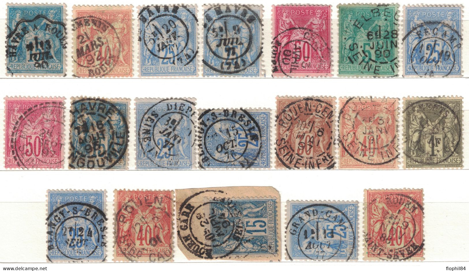 SAGE - SEINE MARITIME - ENSEMBLE DE 19 OBLITERATIONS - CONVOYEUR LE HAVRE A ROUEN - CHARGEMENTS ROUEN / 50 ET 40c - 1876-1898 Sage (Type II)