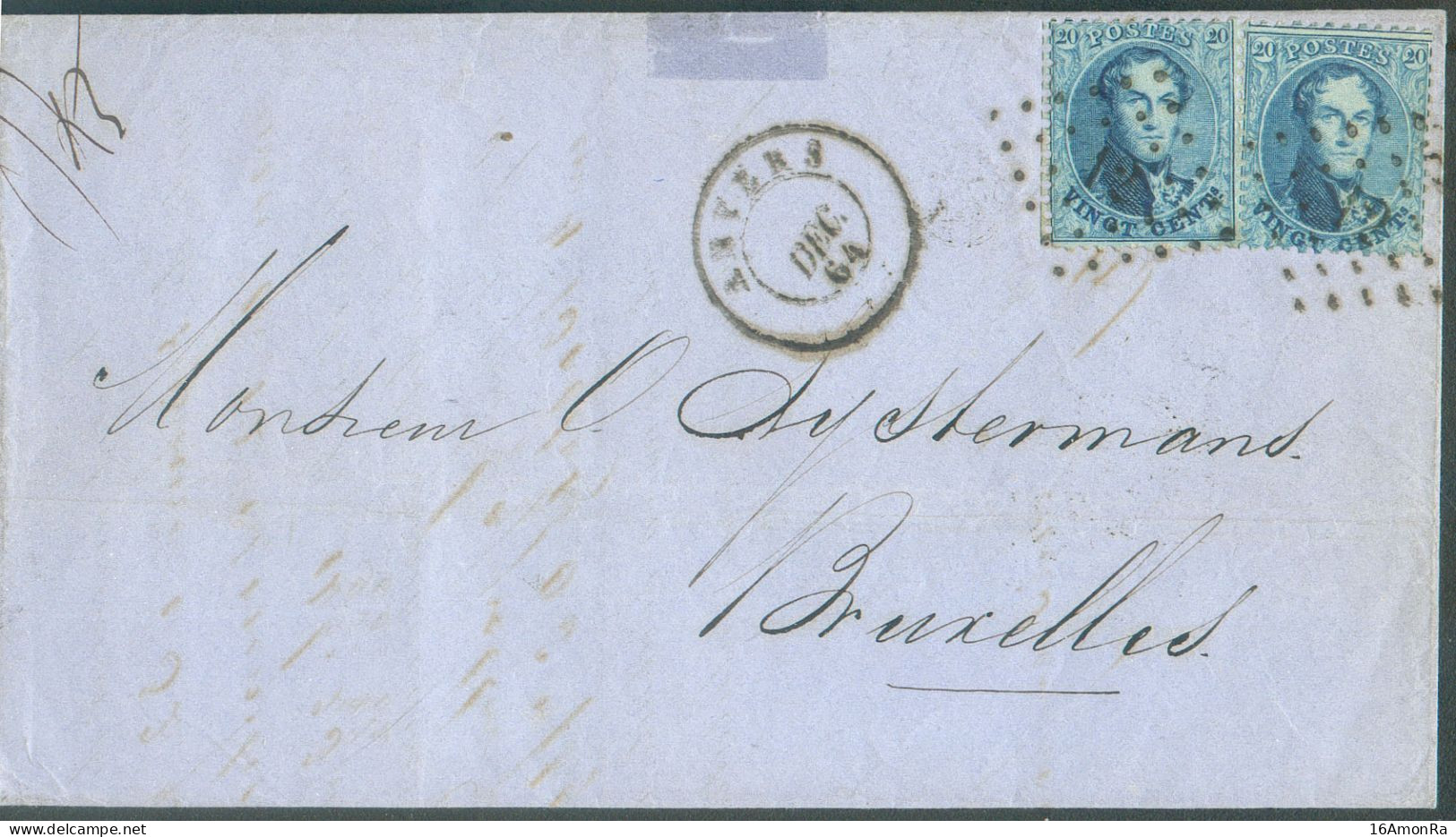 N°15B(2) - Médaillon 20 Centimes Bleus (x2), Obl. LP.12 Sur Lettre De ANVERS Le 11 Décembre 1864 (sans Le Jour !!) Vers - 1863-1864 Medallones (13/16)