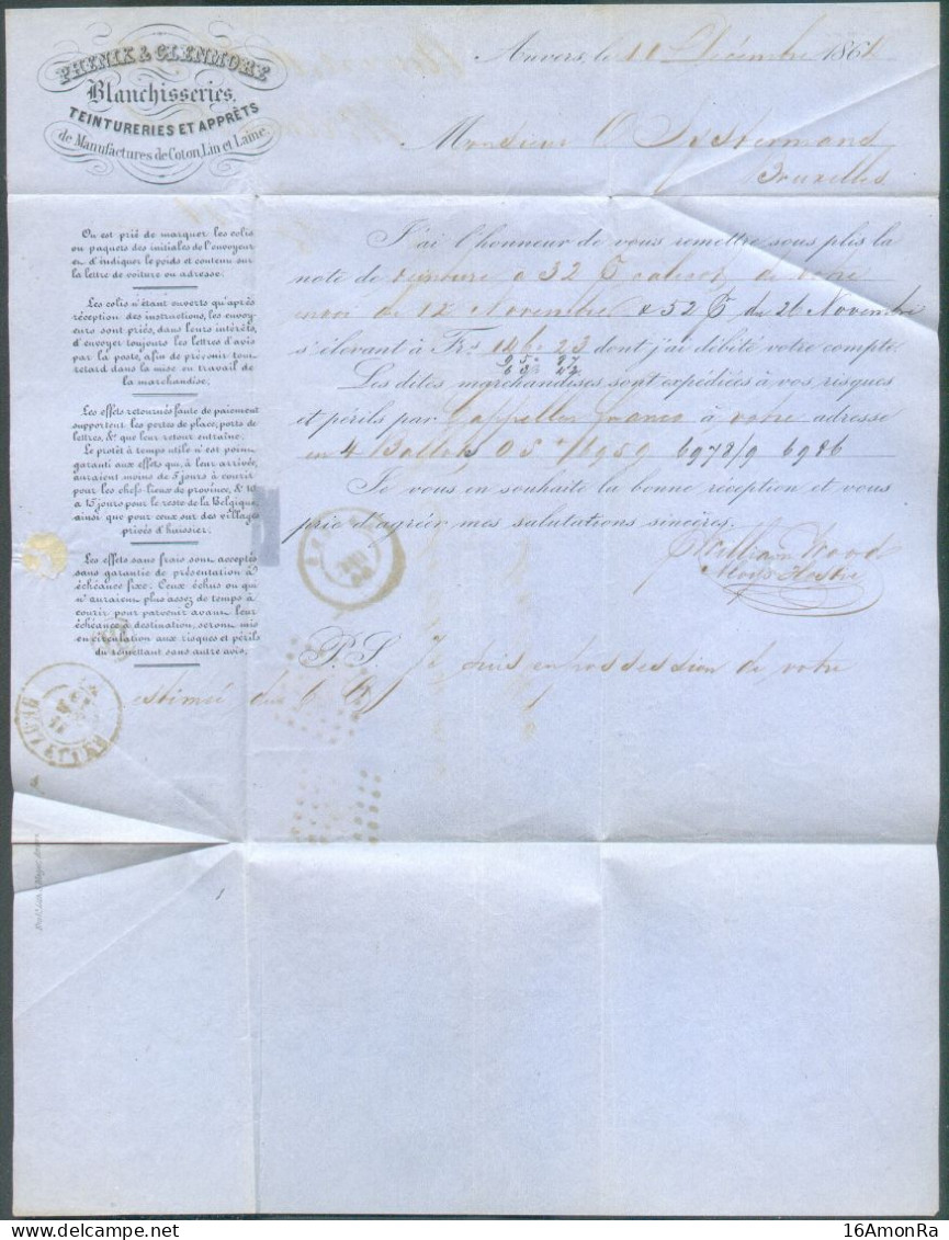 N°15B(2) - Médaillon 20 Centimes Bleus (x2), Obl. LP.12 Sur Lettre De ANVERS Le 11 Décembre 1864 (sans Le Jour !!) Vers - 1863-1864 Medallions (13/16)