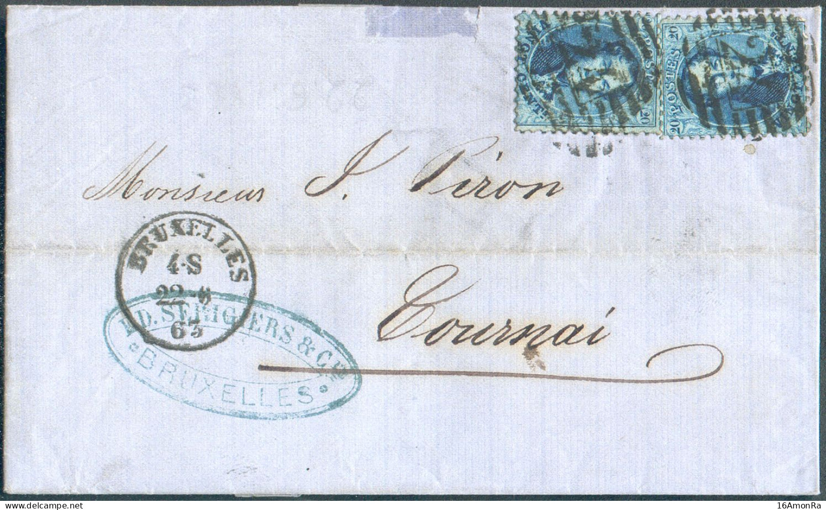 N°15(2) - Médaillon 20 Centimes Bleus (x2), Obl. P.24 à 8 Barres  Sur Lettre De BRUXELLES Le 22-6-1863 Vers Tournai -  2 - 1863-1864 Medaillen (13/16)