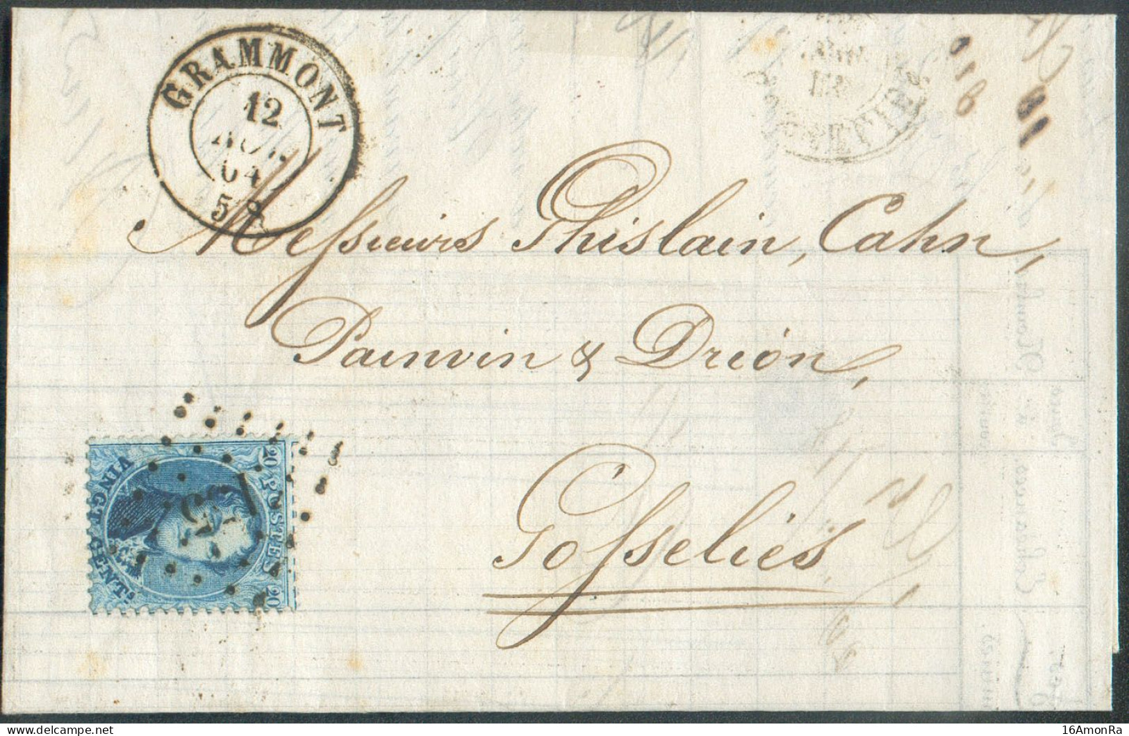 N°15A - Médaillon 20 Centimes Bleu, Obl. LP.155 Sur Lettre De GRAMMONT Le 12 Novembre 1864 Vers Gosselies-  21098 Exp BA - 1863-1864 Medaillen (13/16)