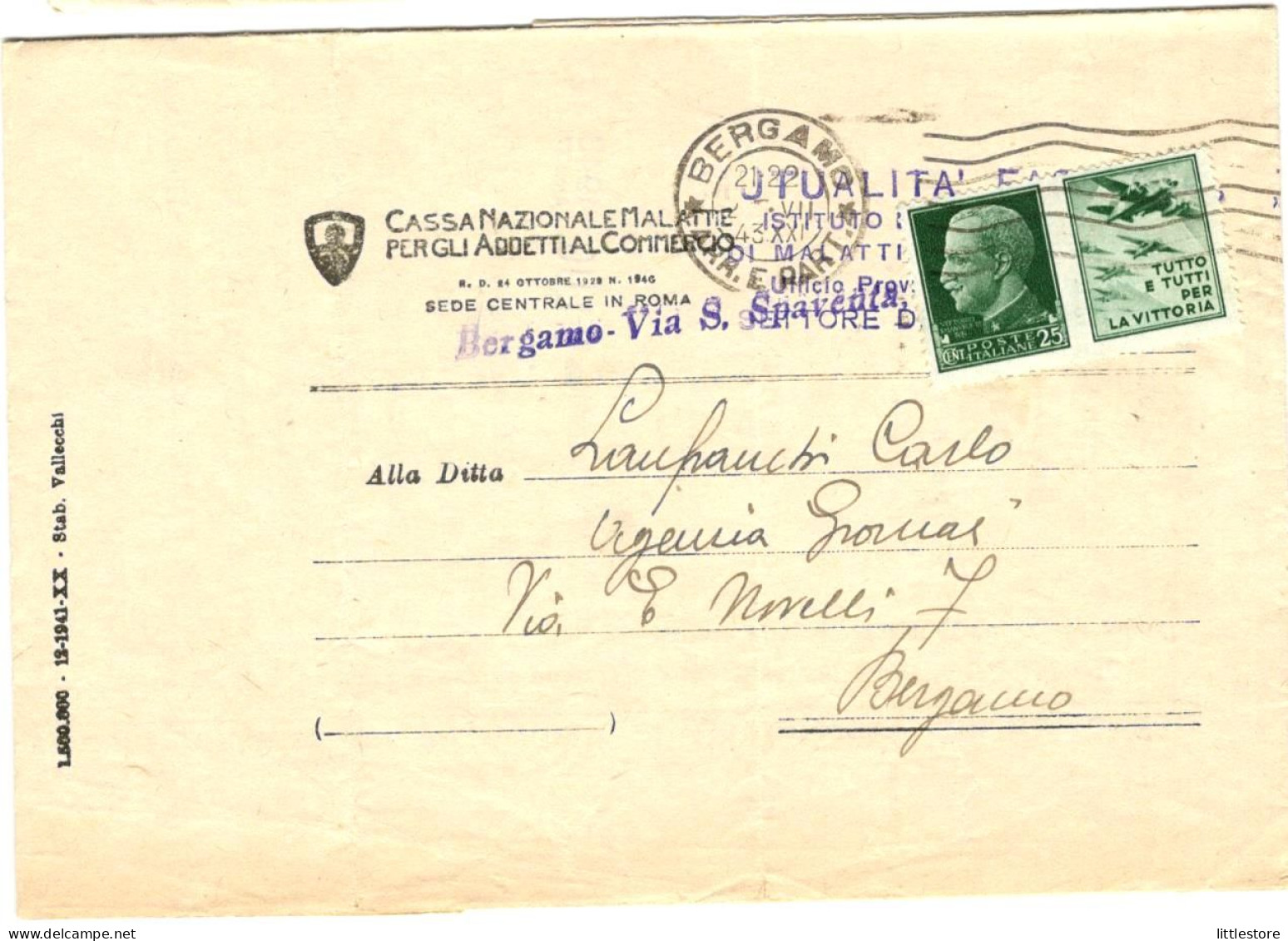 Piego Con Cent 25 Aeronautica Propaganda Guerra Isolato Da Bergamo - War Propaganda