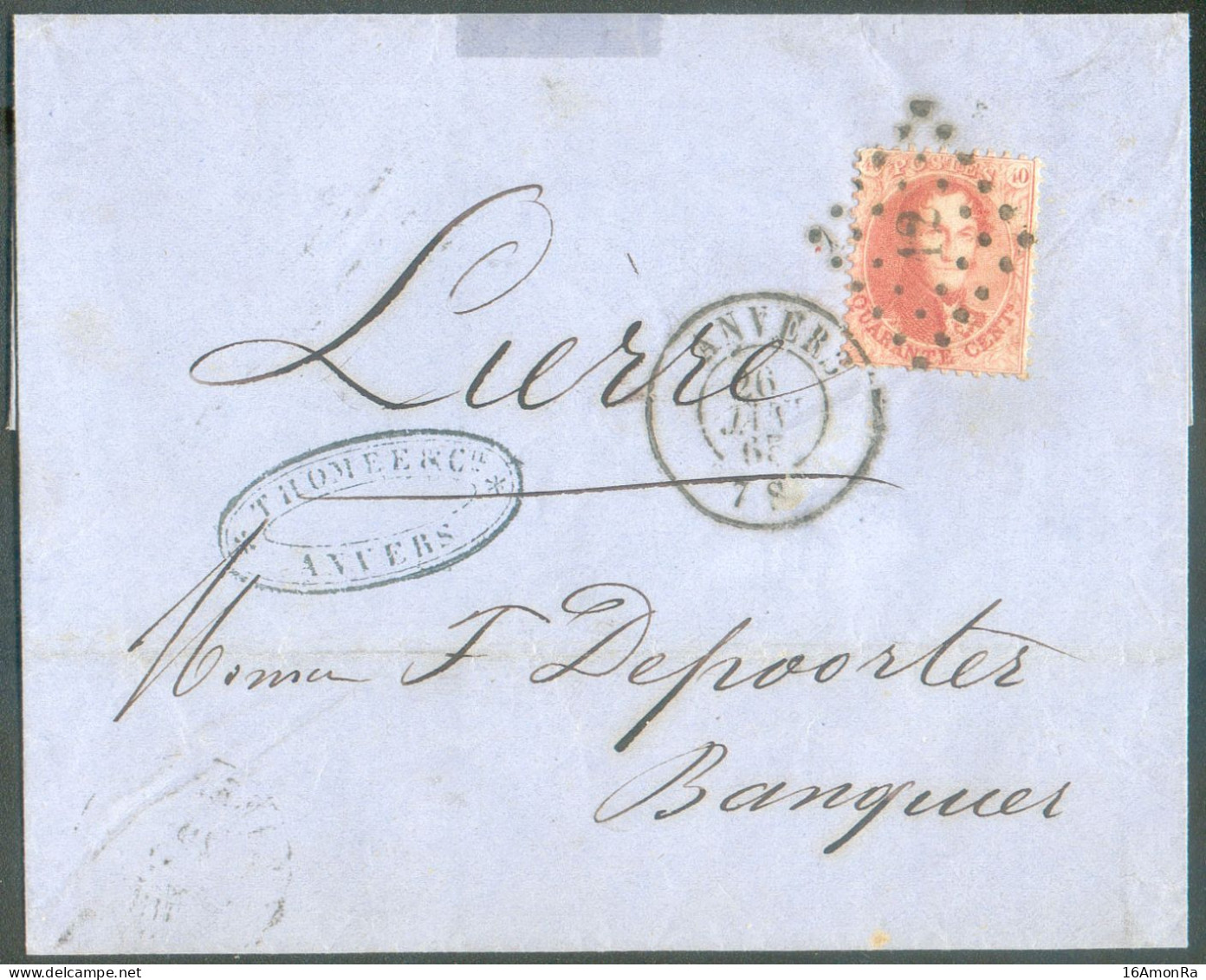 N°16A - Médaillon 40 Centimes Carmin-rose, Obl. LP.12 Sur Lettre Pesante De ANVERS Le  26 Janvier 1865 Vers Lierre -  21 - 1863-1864 Medaillen (13/16)