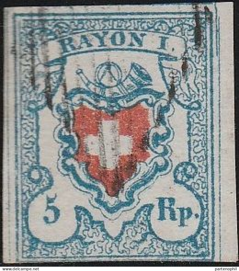 556 Svizzera  1850 - Rayon I, 5 Rappen, Azzurro Chiaro E Rosso, Annullato Con Il Bollo A Griglia Federale N. 20. Cert. R - 1843-1852 Federale & Kantonnale Postzegels