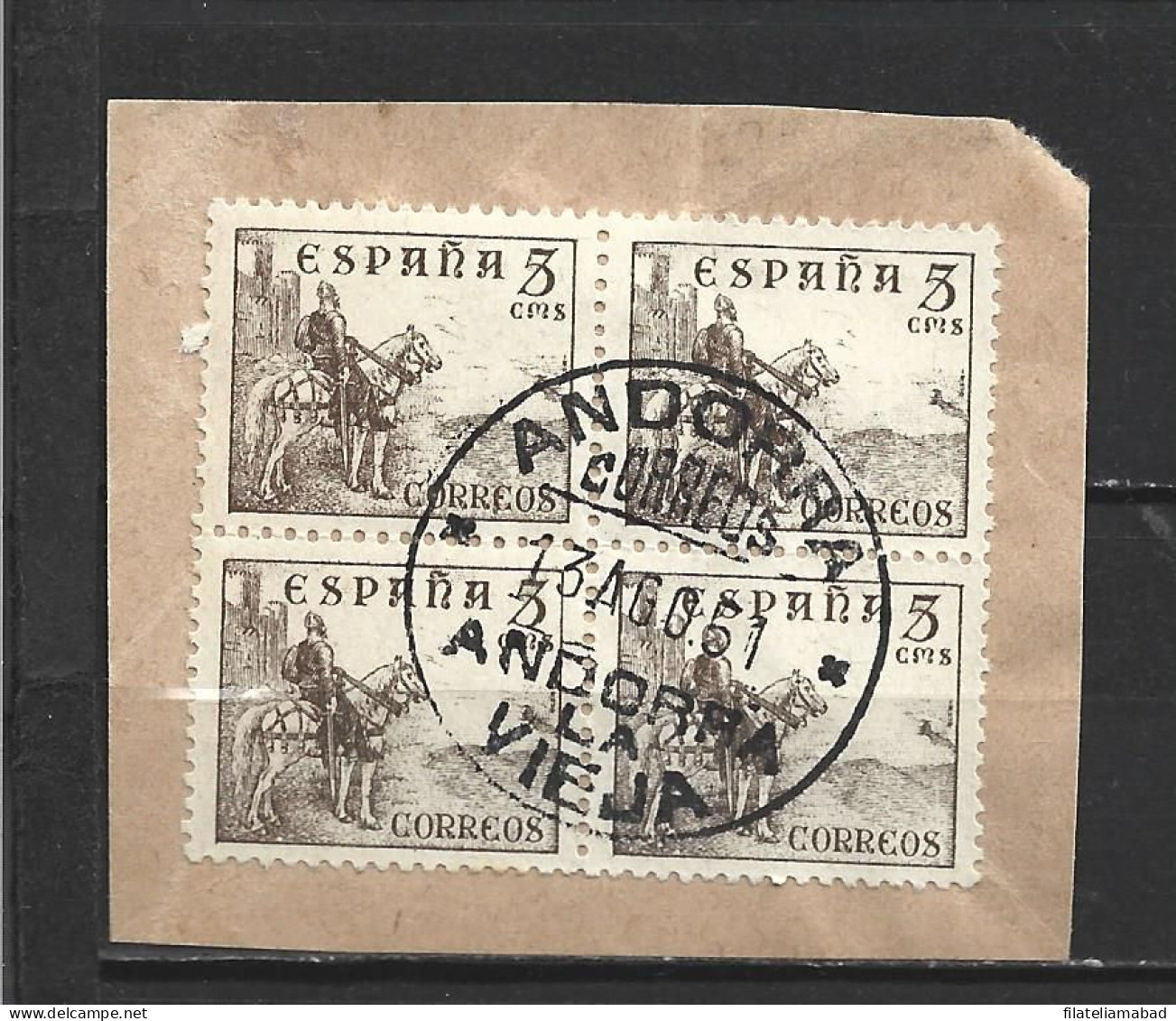 ANDORRA CORREO ESPAÑOL BLOQUE DE 4 SELLOS ESPAÑOLES CON MATASELLOS DE ANDORRA 13 DE AGOSTO 1951 ( S. L.) - Usati