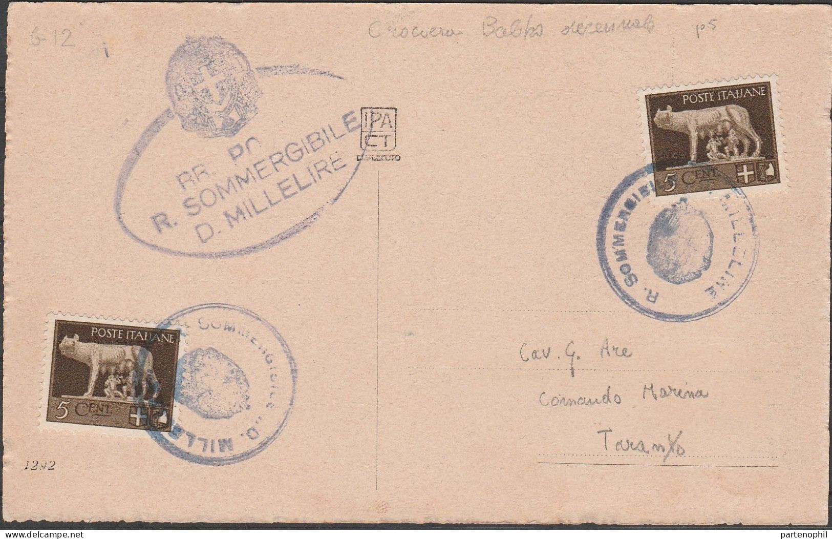 601 - Flight - Cartolina 1.7.1933, Annullo Di Partenza R. Sommergibile D. Millelire Circolare Con Stemma Senza Data Più - Marcophilia (AirAirplanes)