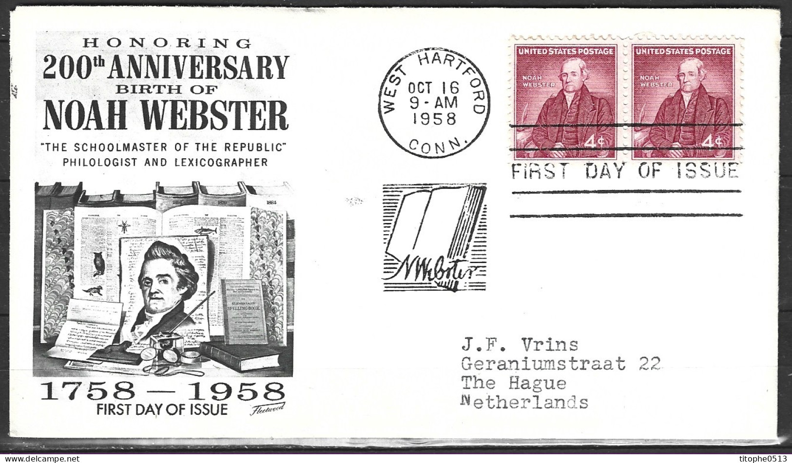 USA. N°654 De 1958 Sur Enveloppe 1er Jour. Noah Webster, Lexicographe Et Grammairien. - Autres & Non Classés