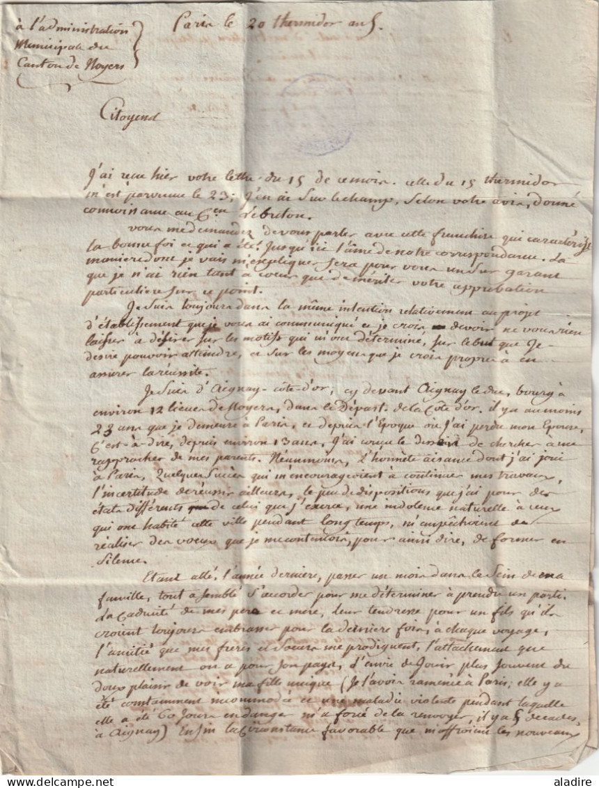 1797 - Lettre Pliée Avec Corresp Serrée De 3 Pages En PORT PAYE De PARIS Vers Noyers, Yonne - 1ère République - 1701-1800: Précurseurs XVIII