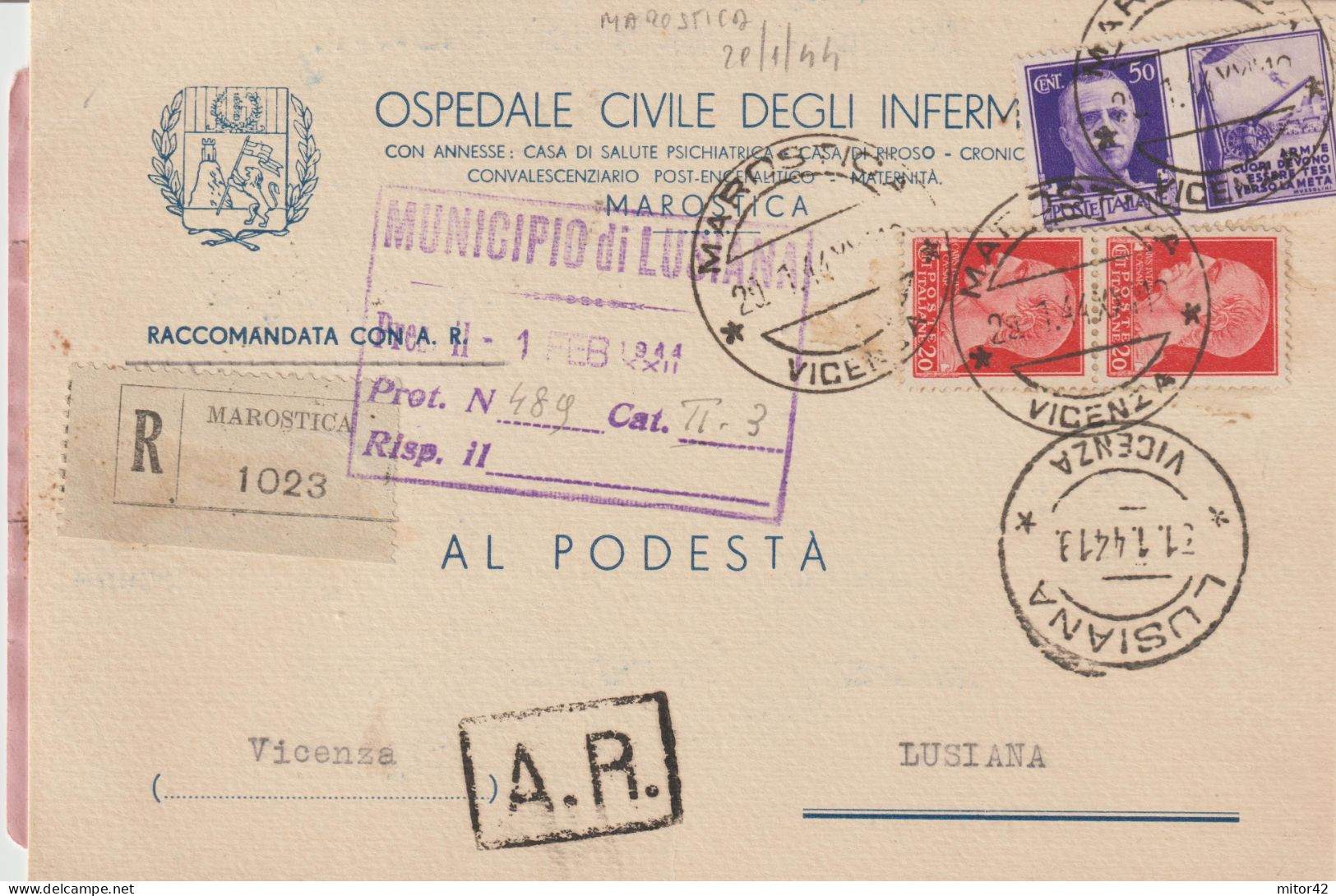 57*-50c.-Propaganda Di Guerra: Armi E Cuori...+coppia 20c. Imperiale-v.1944-da Vicenza A Lusiana - Propagande De Guerre