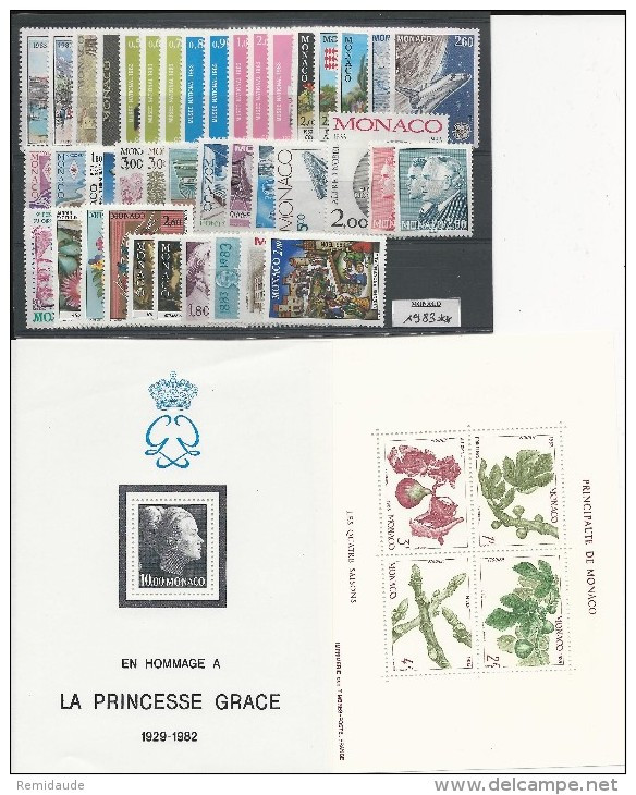 MONACO - 1983 - ANNEE COMPLETE ** MNH - COTE YVERT = 119 EUR. - 40 TIMBRES + 2 BLOCS - Full Years