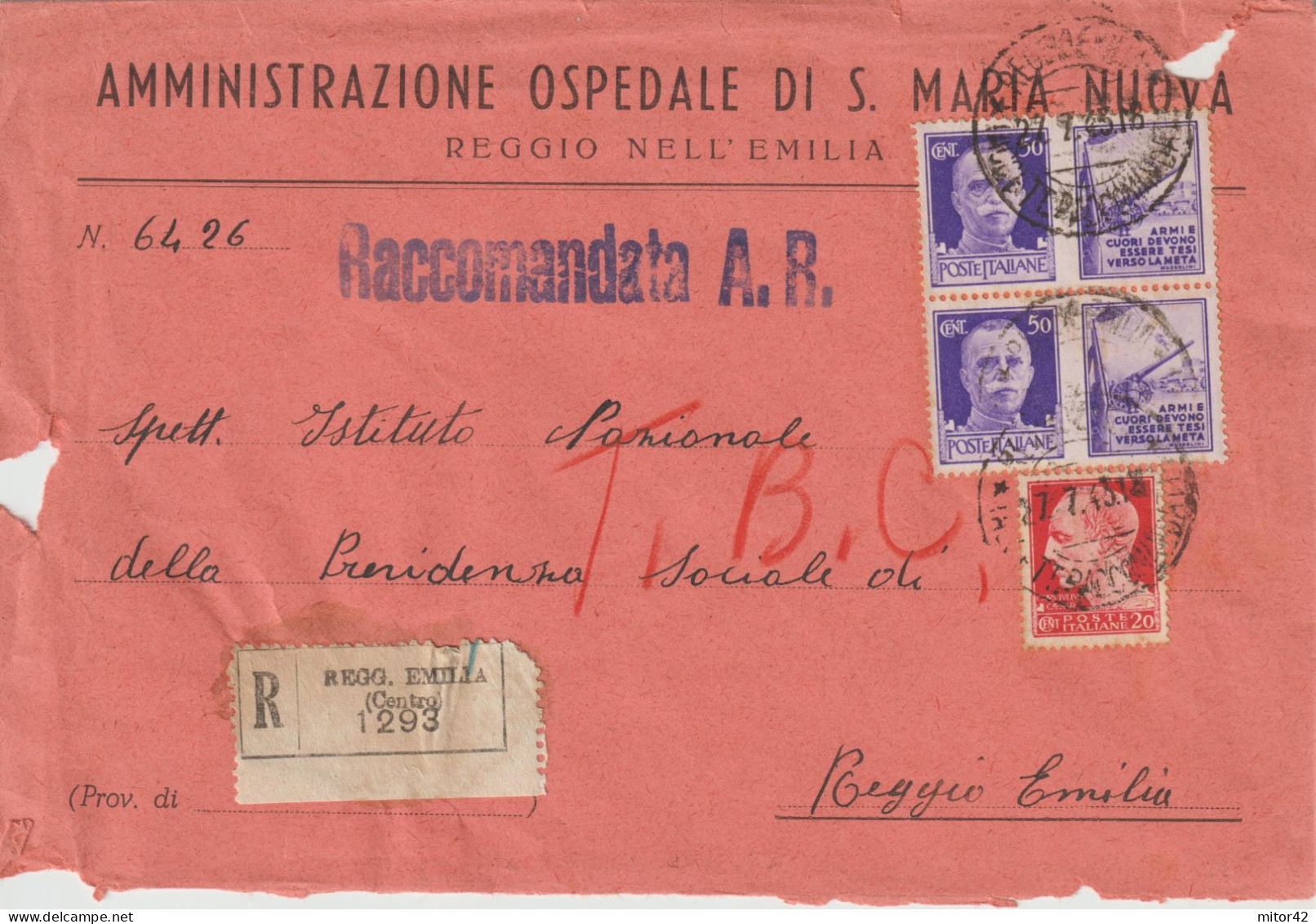 58*-coppia 50c.-Propaganda Di Guerra: Armi E Cuori...+ 20c. Imperiale-v.1943 -da E Per Reggio Emilia - War Propaganda
