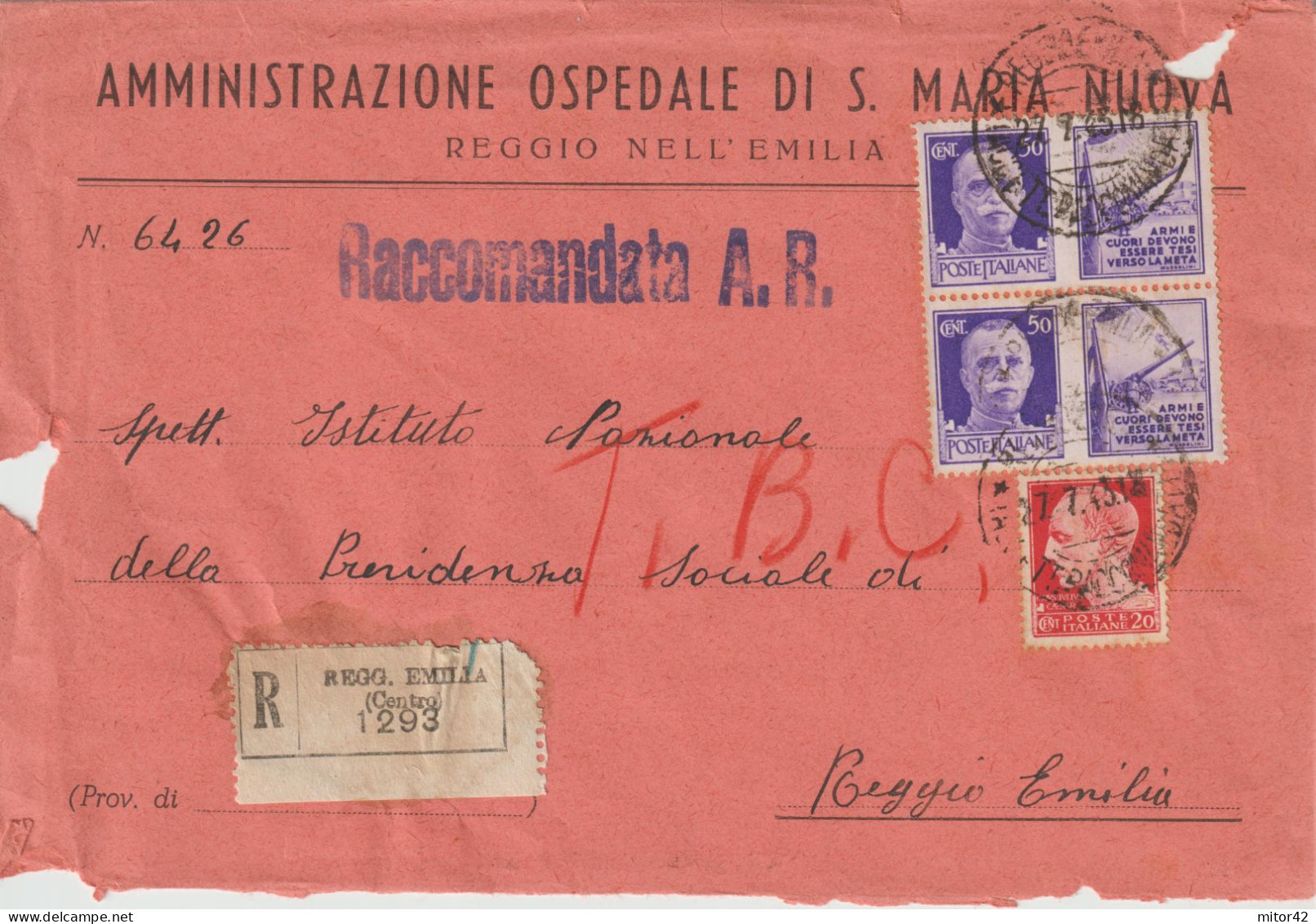 58*-coppia 50c.-Propaganda Di Guerra: Armi E Cuori...+ 20c. Imperiale-v.1943 -da E Per Reggio Emilia - Propagande De Guerre