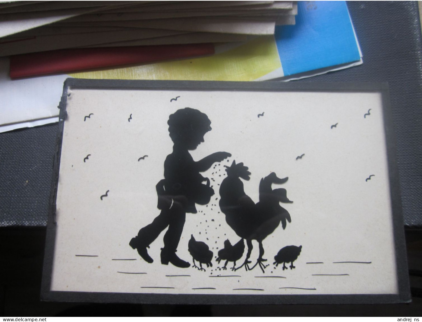 Image Boy With A Rooster And Lungs. Framed, Hand-drawn Old Drawing Is Not A Print  9x14 Cm - Silhouettes