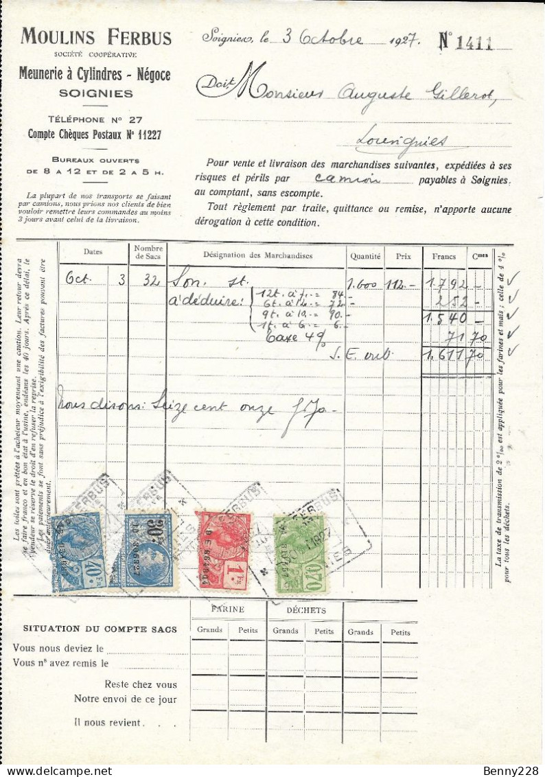 Rare - Timbres TAXES Sur Facture Des Moulins FERBUS 1927 - Stamps