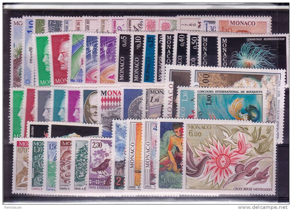 MONACO - 1980 - ANNEE COMPLETE ** - COTE YVERT = 121 EUR. - 55 TIMBRES - Années Complètes