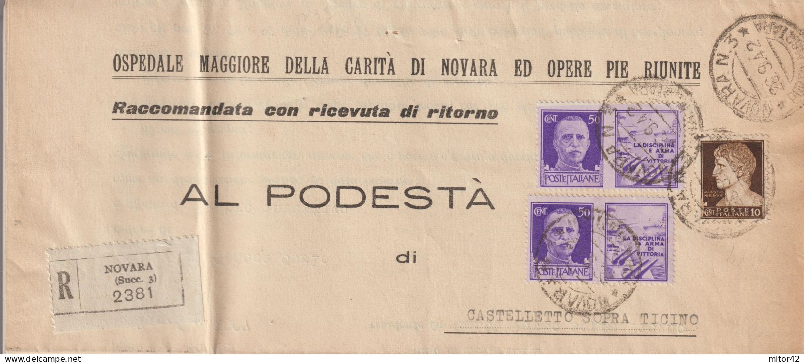 65*-coppia 50c.-Propaganda Di Guerra: La Disciplina... + 10c.Imperiale-v.1942 Novara A Castelletto Sopra Ticino. - War Propaganda