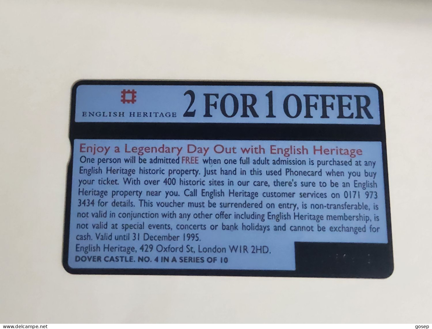 United Kingdom-(BTA106)-HERITAGE-Dover Castle-(173)(50units)(528D94257)price Cataloge3.00£-used+1card Prepiad Free - BT Publicitaire Uitgaven