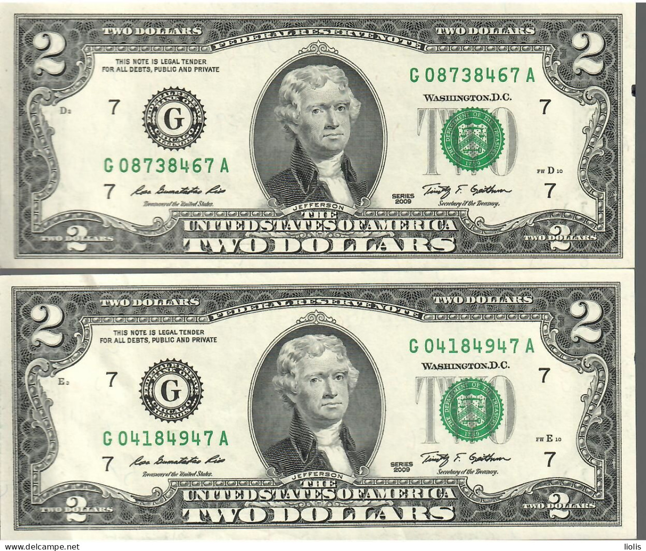 USA 2 Dollars  G  2009   2 Pcs  UNC - Federal Reserve (1928-...)