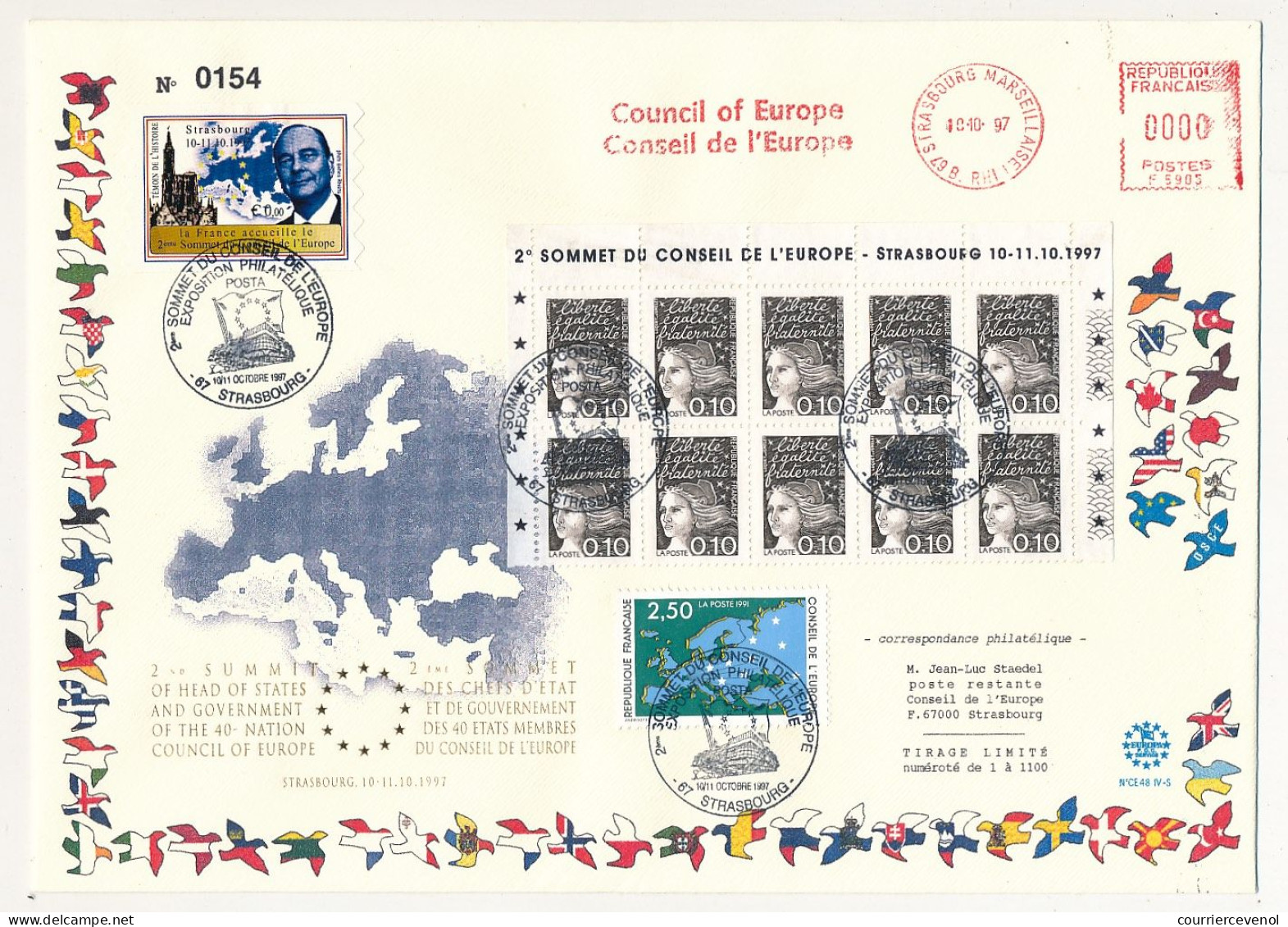 Grand Env Affr Conseil Europe + 0,10 Luquet X10 + Vignette J.Chirac - 2eme Sommet Du Conseil De L'Europe Strasbourg 1997 - Brieven & Documenten