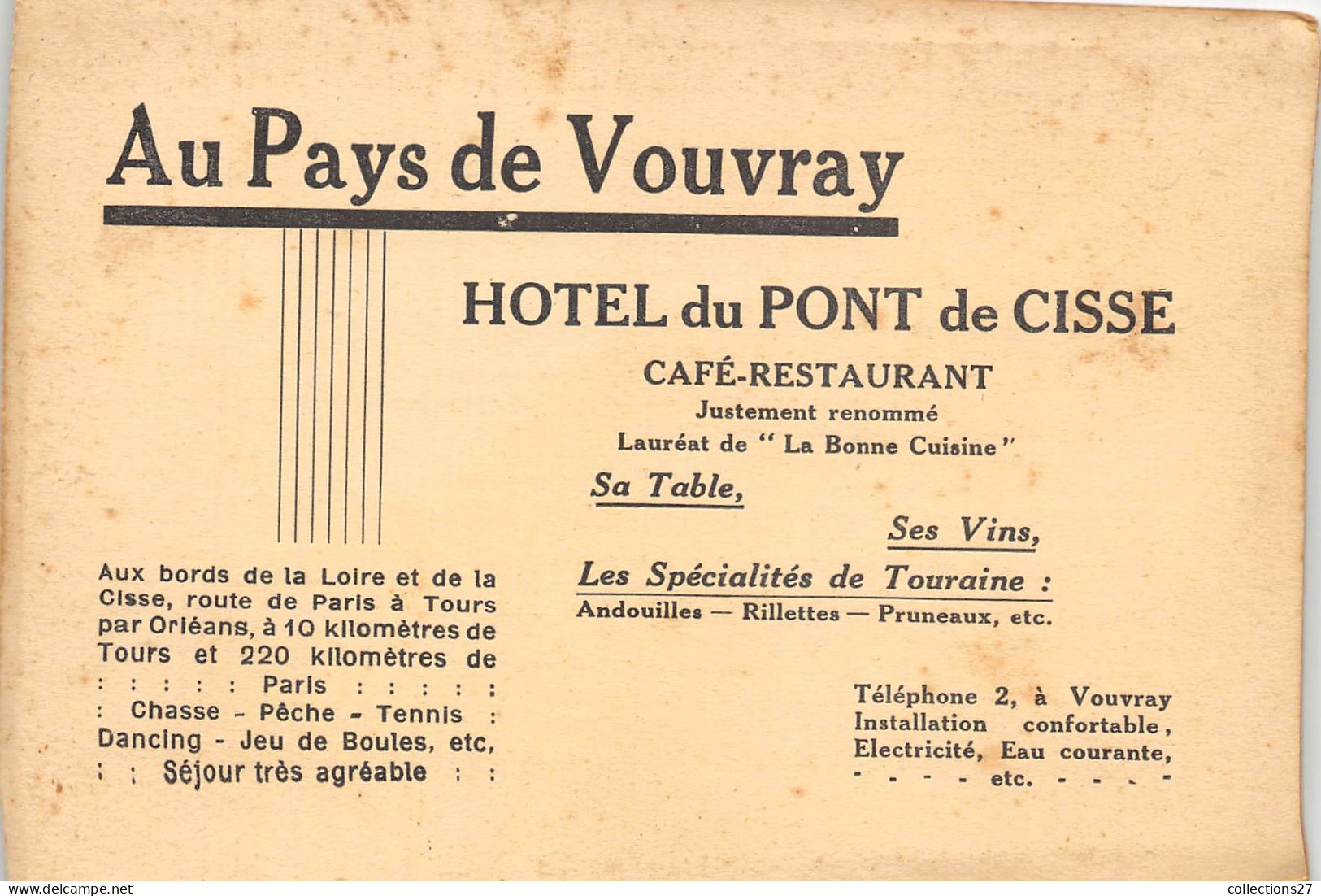 37-VOUVRAY- CARNET DEPLIANT 6 CARTES DU RESTAURANT HOTEL DU PONT DE CISSE - Vouvray