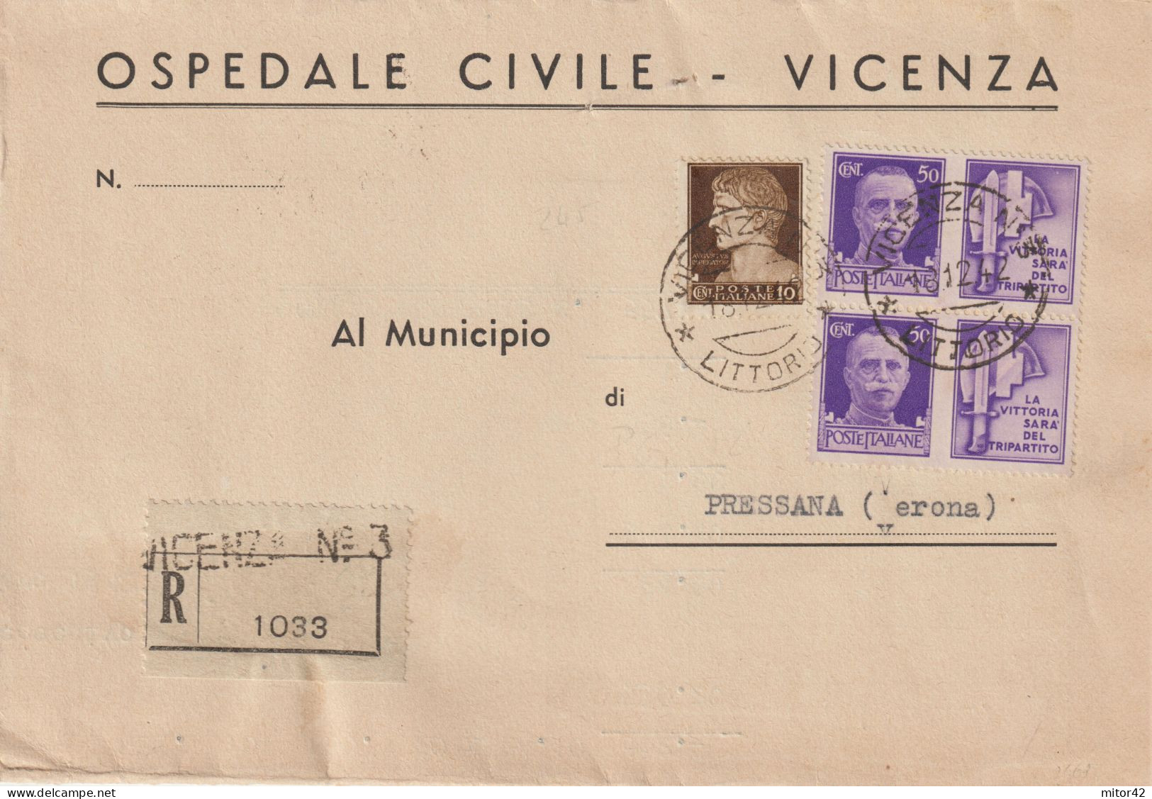 71*- Coppia 50c.-Propaganda Di Guerra: La Vittoria...+10c.Imperiale-da Vicenza A Pressana/Verona - Propagande De Guerre