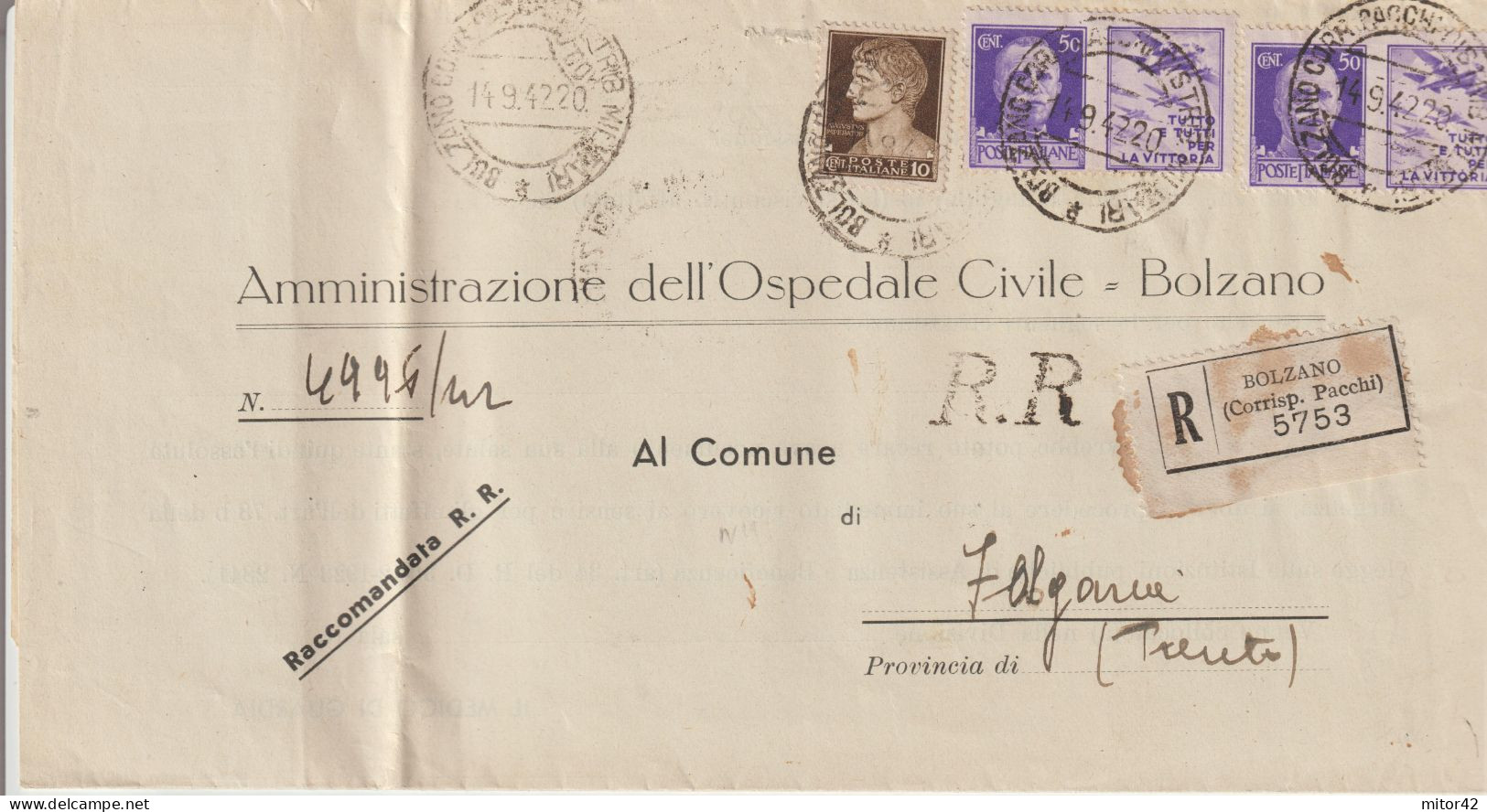 77*- Coppia 50c.-Propaganda Di Guerra:Tutto E Tutti...+10c.Imperiale-v.1942 Da Bolzano A Folgaria/Trento - Propaganda Di Guerra