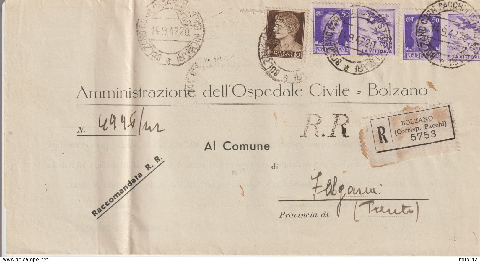 77*- Coppia 50c.-Propaganda Di Guerra:Tutto E Tutti...+10c.Imperiale-v.1942 Da Bolzano A Folgaria/Trento - Propagande De Guerre
