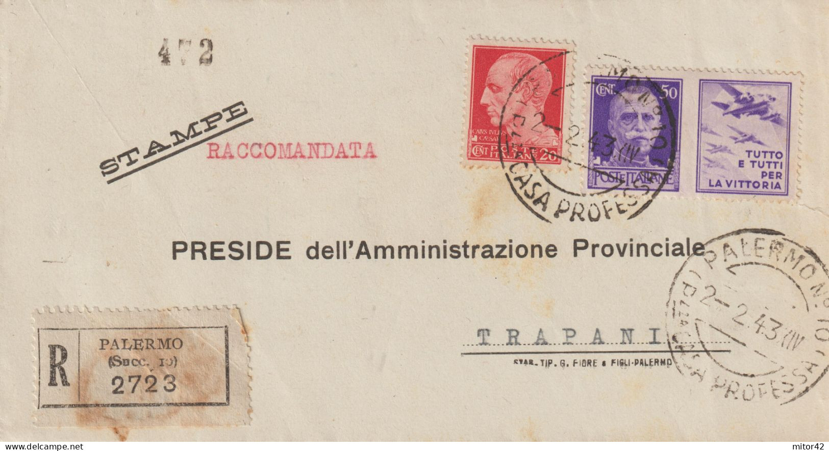 79*- 50c.-Propaganda Di Guerra:Tutto E Tutti...+20c.Imperiale-Stampe Racc. V.1943 Da Palermo A Trapani - Oorlogspropaganda
