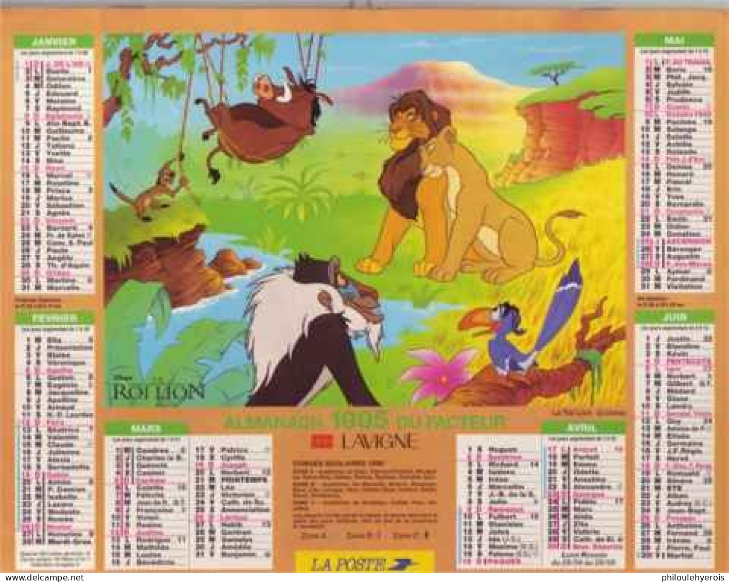 CALENDRIER 1995 LE ROI LION Et LES ARISTOCHATS  DISNEY - Tamaño Grande : 1991-00