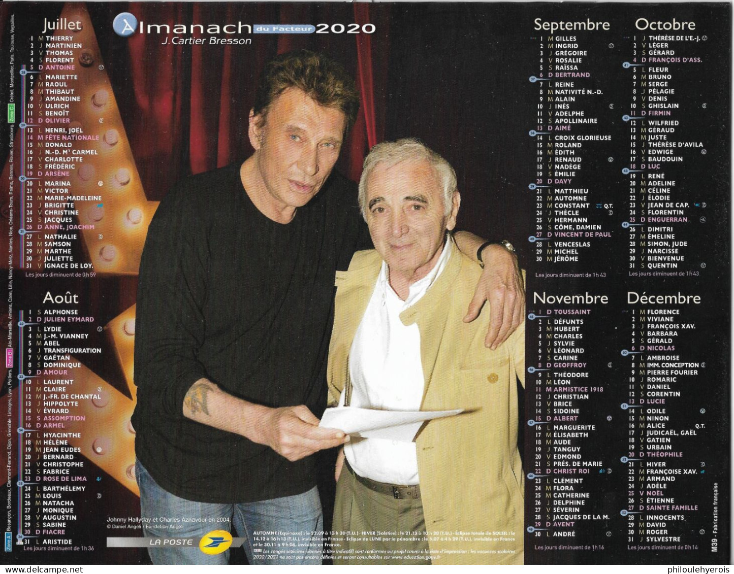 CALENDRIER 2020  JOHNNY HALLYDAY Et AZNAVOUR Chanteurs - Formato Grande : 2001-...