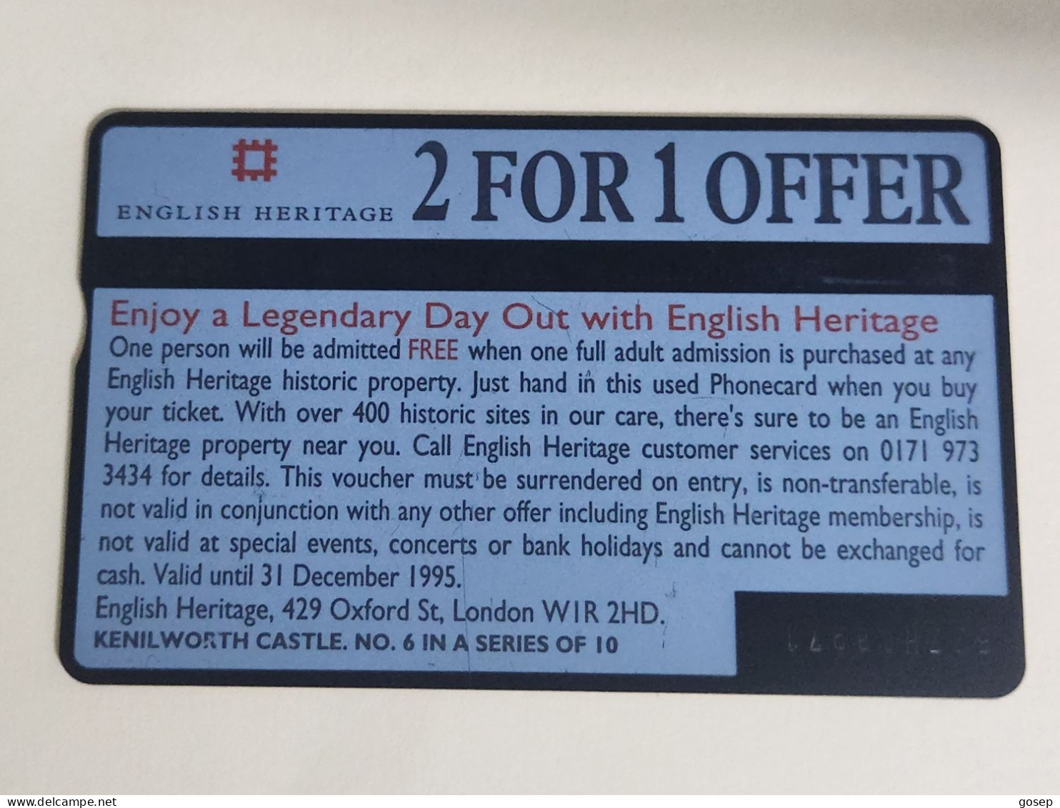 United Kingdom-(BTA118)-HERITAGE-Kenilworth Castle-(207)(100units)(527H18971)price Cataloge3.00£-used+1card Prepiad Free - BT Publicitaire Uitgaven
