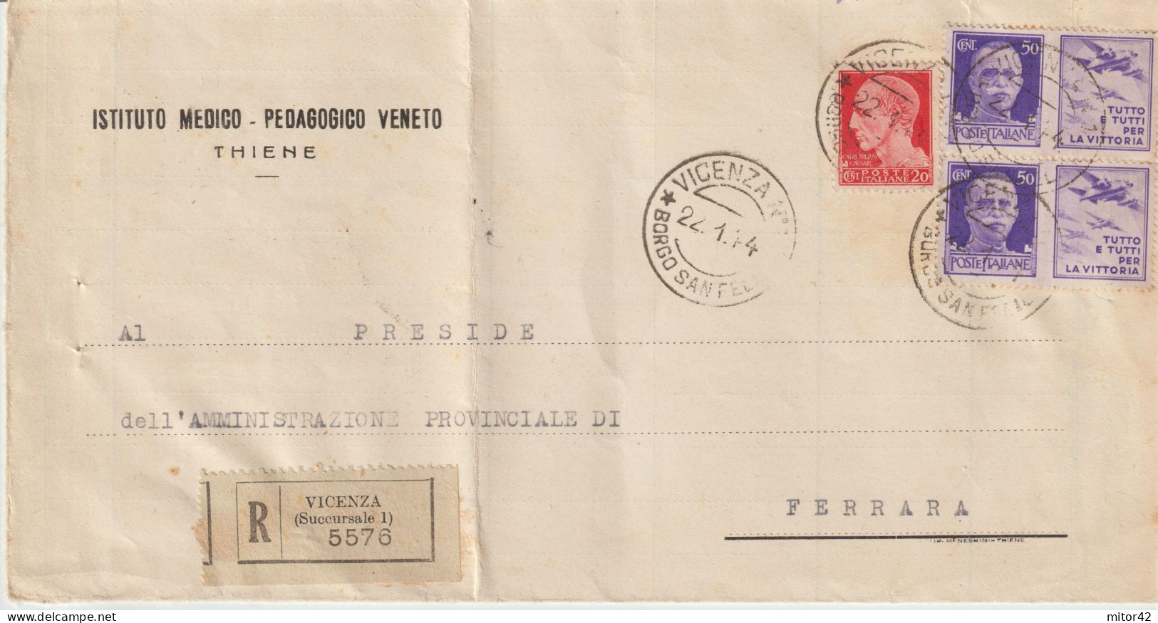 78*- Coppia 50c.-Propaganda Di Guerra:Tutto E Tutti...+20c.Imperiale- Racc. Da Thiene/Vicenza A Ferrara-v.1944 - Propagande De Guerre