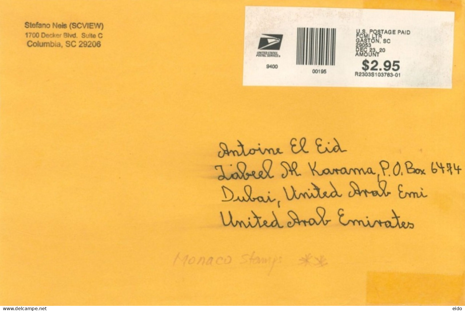 U.S.A.- 2020 - POSTAL LABEL COVER TO DUBAI. - Briefe U. Dokumente