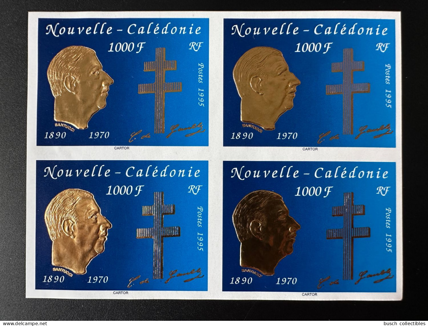 Nouvelle-Calédonie 1995 YT N°682 NON DENTELE Bloc De 4 Mort Du Général Charles De Gaulle Gold Doré - Unused Stamps