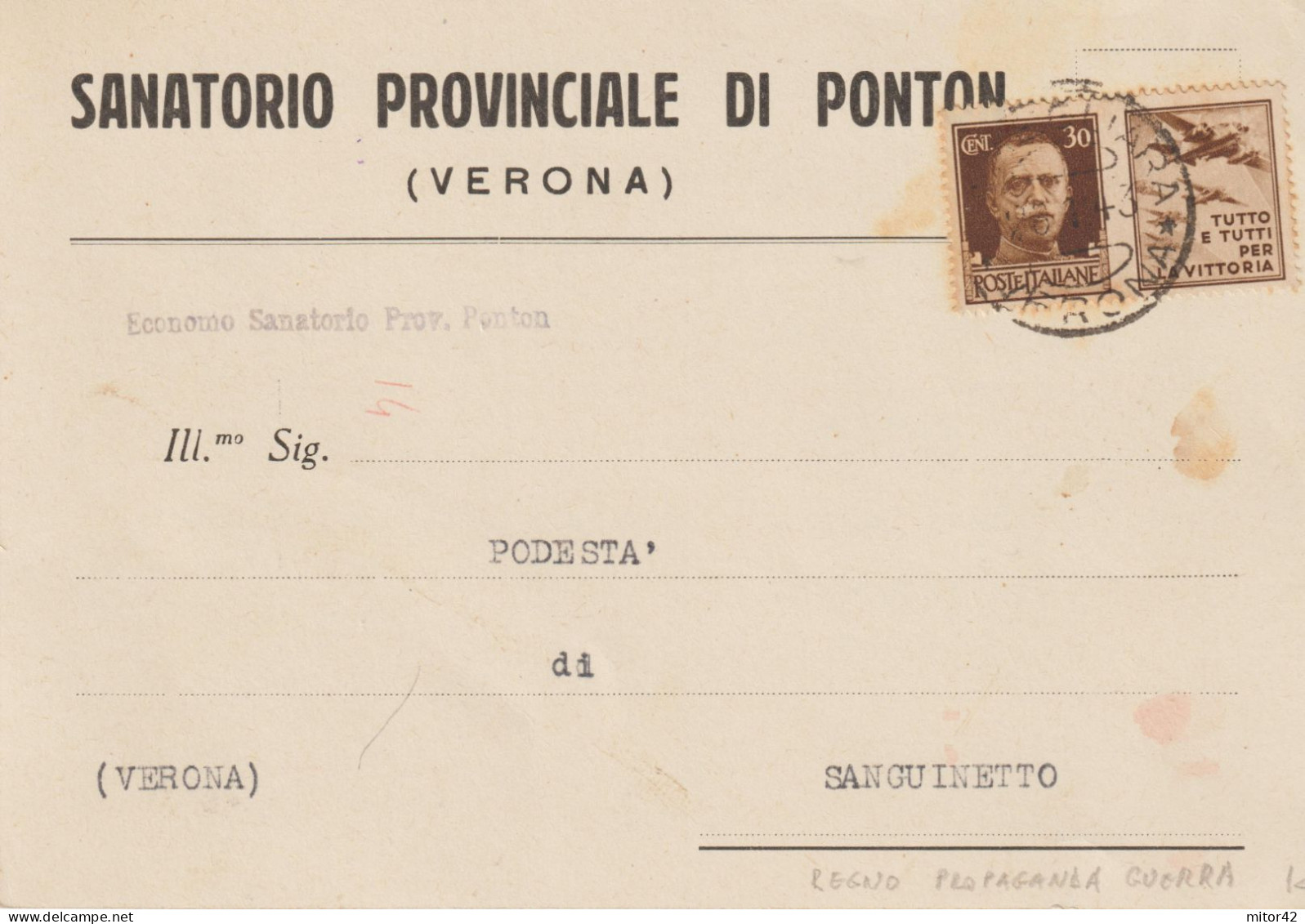 14*- 30c.-Propaganda Di Guerra:Tutto E Tutti...v.1943 Da Ponton/Verona A Sanguinetto - War Propaganda