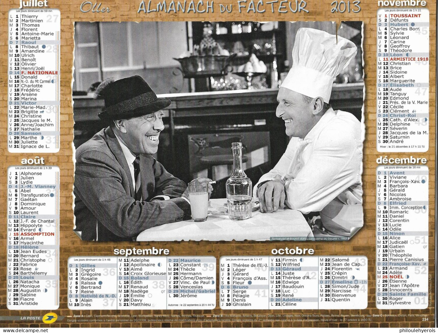 CALENDRIER 2013  FERNANDEL Et BOURVIL La Cuisine Au Beurre Et Don Camillo - Grossformat : 2001-...