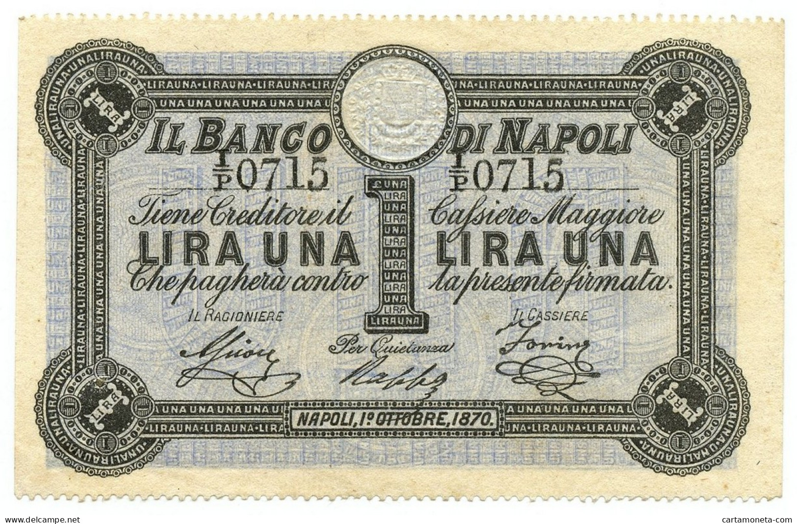 1 LIRA BANCO DI NAPOLI FEDE DI CREDITO 5° TIPO 01/10/1870 SUP+ - Autres & Non Classés